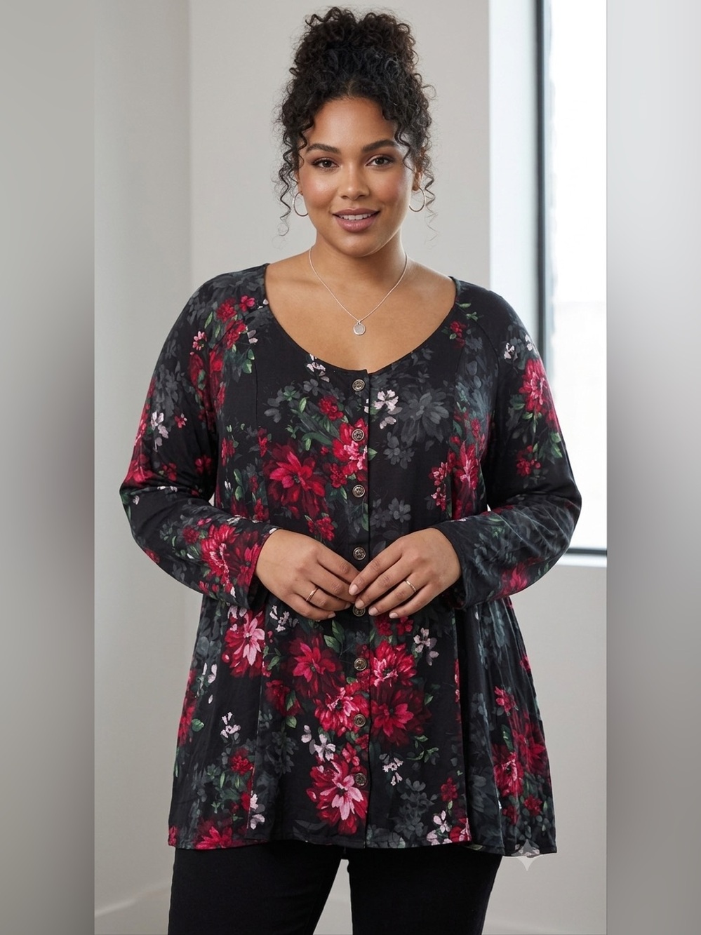 torrid Black Floral Button-Front Top